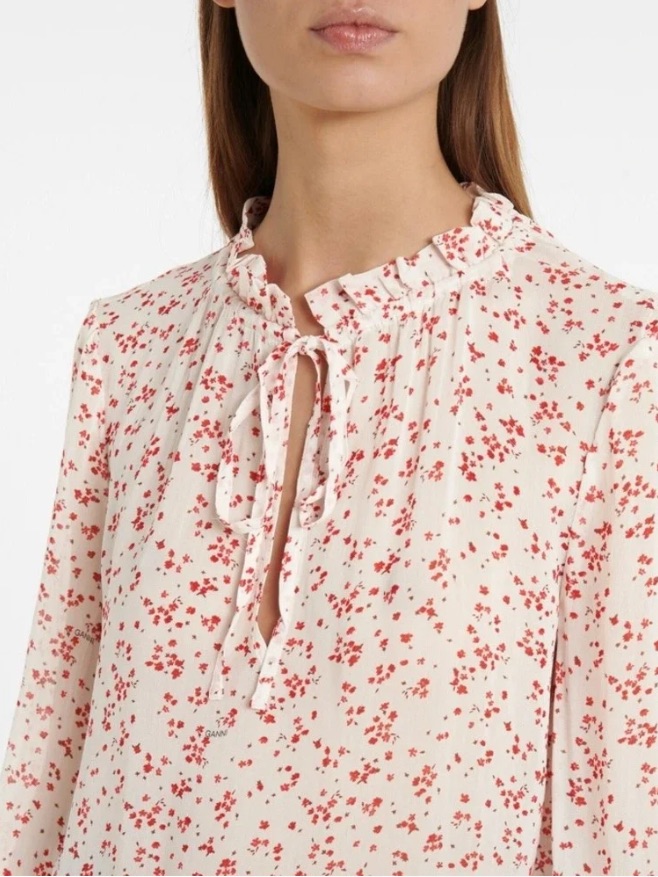 Ganni Georgette White Red Floral Logo Print Ruffle Detail Blouse Top Size 36, 4